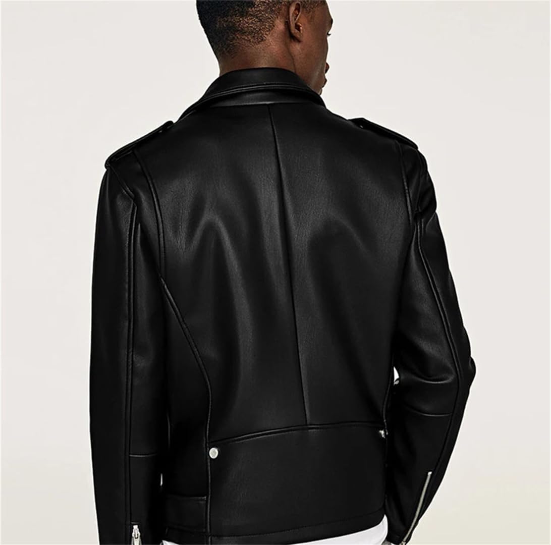 Mens Short Faux Leather Biker Motorcycle Jacket Belted Style Long Sleeve Light Soft Coat