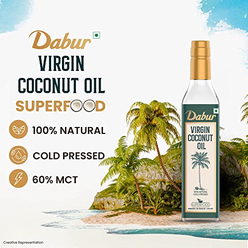 Image of Dabur Pure & Unrefined Cold Pressed Virgin Coconut Oil | 1L | Naturally Cholesterol Free | Rich Aroma & Flavour of Natural Coconut Oil | For Daily Cooking with Multipurpose Usage | Finest Quality Coconuts | No Trans Fat | 60% MCT | Anti-spillage bottle