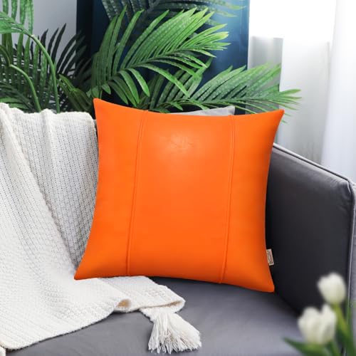 Image of BRAWARM Orange Leather Throw Pillow Covers 18 X 18 Inches - Faux Leather Pillow Cover with Piping, Hand Stitched Leather Throw Pillow for Couch Sofa Bed Living Room Home Decorative