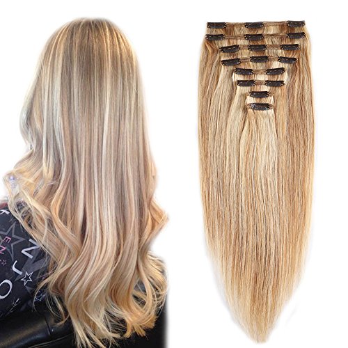 #18/613 Clip in 100% Remy Human Hair Extensions Double Weft 14''-22'' Grade 7A Quality Full Head Thick Long Soft Silky Straight 8pcs 18clips (18" / 18 inch 140g ,Light Ash Blonde/Bleach Blonde)