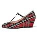 ROSERWISH Women's T Strap Dating Wedge 2 Inch Low Heel Round Toe Buckle Casual Pumps Shoes Red Plaid Size 7.5 - Sandalias de Vestir Tacon Bajo