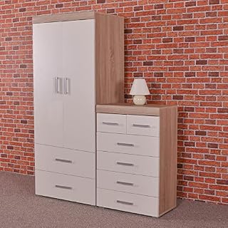 DRP Trading 2 Door 2 Drawer Wardrobe & 4+2 Drawer Chest in White & Sonoma Oak Bedroom Furniture Set 6 Draw