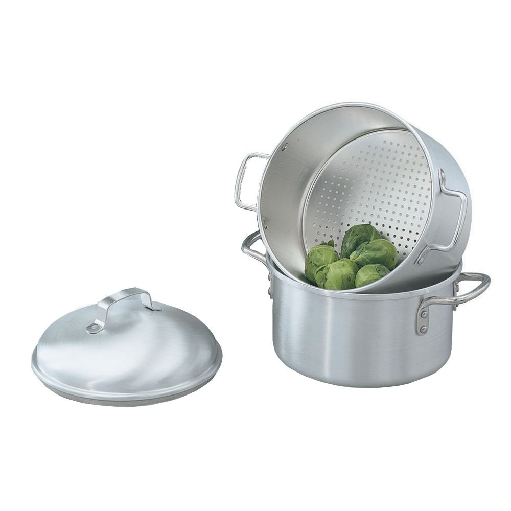 Vollrath 68123 Wear-Ever 3-Piece Vegetable Steamer Set with Base Pot and Cover | Perforated Rice Cooker for Hotel Kitchen Restaurant | 5 qt Capacity | 9-1/4"W x 3/32"D x 12"H, 18-Gauge Aluminum, NSF