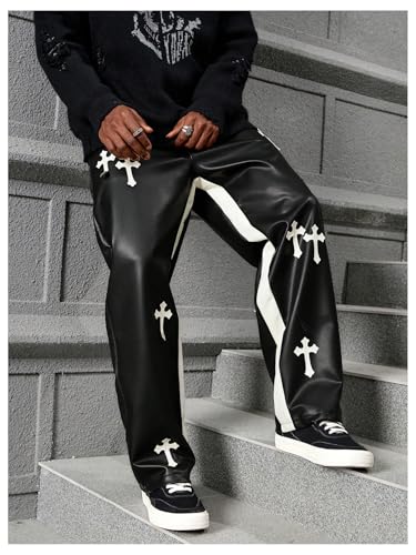 Men's Cross Graphic Hip Hop Pants Punk PU Leather Straight Leg Long Trousers with Pockets3