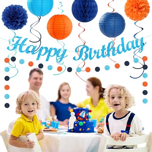 Image of Orange Blue Men Birthday Decorations - 21pcs Happy Banner Garland,Bluey Paper Streamers Lanterns,Flower Tissue Pom Poms Fan Supplies,Hanging Wall Backdrop Party Decor Huglony