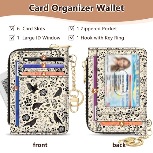 Image of GIANCOMICS Slim Wallet Credit Card Holder Women, Goth Crow Rfid Blocking Small Card Case, Keychain Thin Pocket Curved Zipper Wallet, Travel Card Holder PU Leather ID Window, Ladies Female Gifts