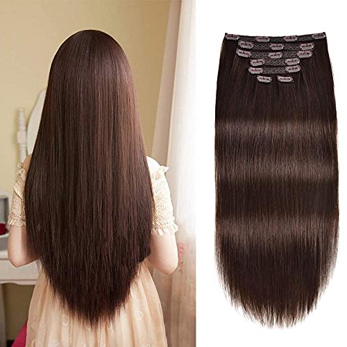 14 Inch Hair Extensions Clip in Human Hair Brazilian Straight Hair Double Weft Clip Hair Extensions Thick Hair 7pcs 70g(2# Dark Brown)