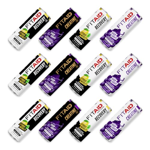 Image of FITAID Post Workout Recovery Drink Variety Pack, BCAA Electrolytes, Citrus, Zero Sugar & Creatine Options, 12 oz (Pack of 24)