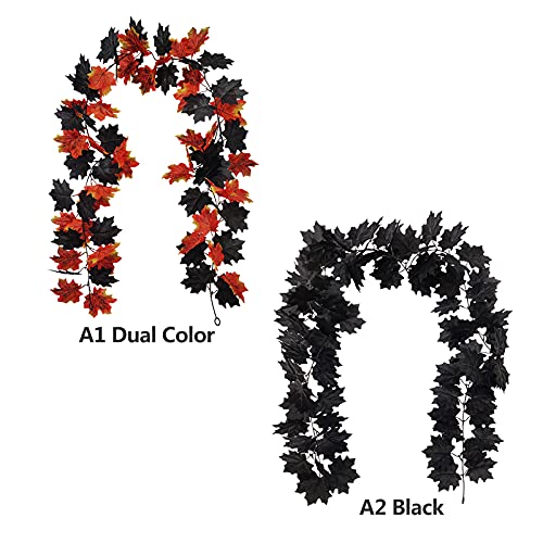 Warooma Artificial Black Maple Leaf Vine,Double Maple Rattan,Maple Leaf Ornaments For Halloween Christmas Fireplace Door Yard Backdrop Decor (Black) #TOP4