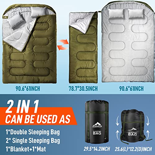 Mereza Double Sleeping Bag For Adults Mens With Pillow, Xl Queen Size For All Season Camping Hiking Backpacking 2/Two Person Sleeping Bags For Cold Weather & Warm Green #TOP5