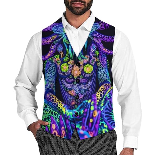 Evil God Psychedelics Suit Vest for Men Slim Fit Sleeveless Jacket V Neck Business Waistcoat Button Up Dressy Top