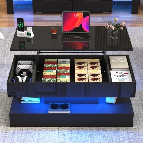 Image of 39.4 inch Large Lift Top Coffee Table,Modern High Glossy LED Coffee Tables for Living Room with Storage,Black Living Room Tables for Living Rooms,Dining Room,Bedroom Home Office,APP LED Lights（Black）