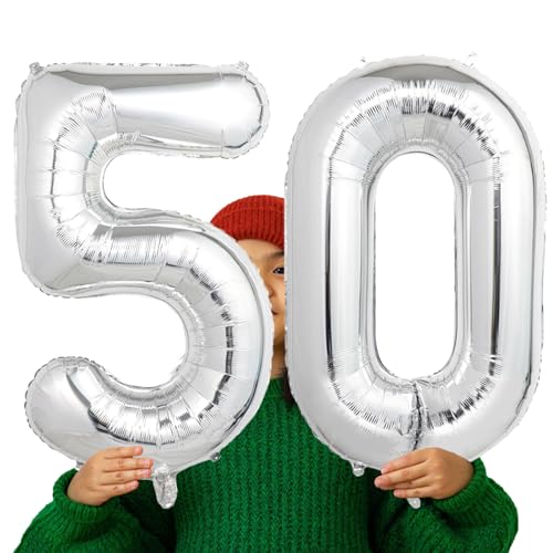 Image of Number Balloons Silver Party Balloon - Giant Number 50 Balloon, 40 Inch Large Balloon for 50th Birthday Decorations, Silver Party Supplies for Anniversary