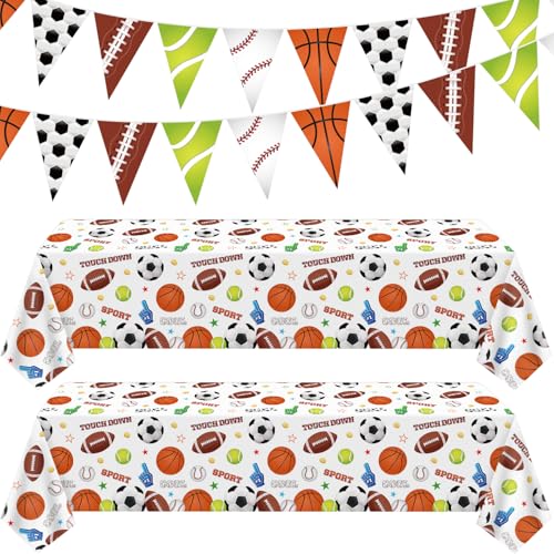 TJYJOY 4 Pack Sports Party Decor Football Tablecloth Sports Theme Disposable Table Cloth Baseball Triangle Garland Basketball Banner for Boys All Star Sport Themed Parties Soccer Hanging Supplies
