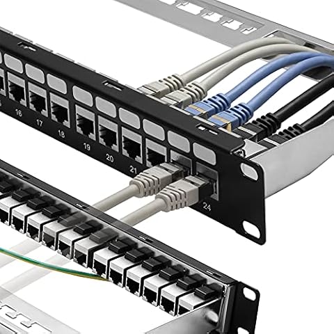 Rapink Patch Panel 24 Port Cat6A with Inline Keystone 10G Support, Coupler Patch Panel STP Shielded 19-Inch with Removable Back Bar, 1U Network Patch Panel for Cat7, Cat6, Cat6A, Cat5e Cover