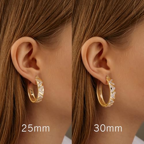 14K Gold Hoop Earrings for Women 14K Gold Earrings V-Shaped Cubic Zirconia Inlay Thick Hoops Womens Earring 25/30mm4