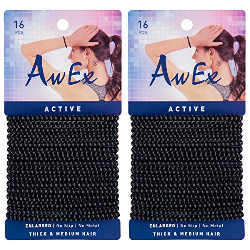 AwEx No Slip Black Hair Ties(ENLARGED), 32 PCS, 4 mm(0.16 inch) Thick and 160 mm(6.3 inches) Long Hair Elastics,Active Ponytail Holder,Sports Hair Bands,Slide Proof Binders