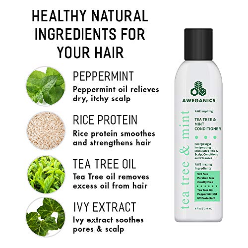 Aweganics Tea Tree Mint Conditioner - Inspiring Natural Aromatherapy Invigorating Peppermint Conditioners - Cooling, Cleansing, Moisturizing - Sls, Paraben & Cruelty-Free, Color Safe #TOP2