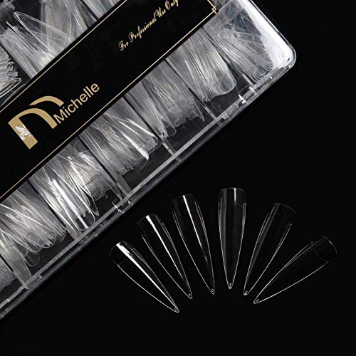 Michelle 500Pcs Extra Long Stiletto Flat Shape Nails Tips XL Half Cover Nail Tips 12 Sizes With Clear Box (Ultra Clear)