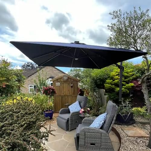 Image of PURPLE LEAF 3 x 3 m Square Cantilever Parasol with Solar LED, Outdoor Garden Parasol Rotate 60 on Both Sides, Tilt and Rotate 360, UV Protection, Navy Blue