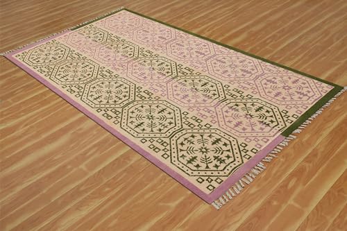 Alfombra cuadrada bohemia CASAVANI de tejido plano de algodón en verde y beige para dormitorio 5
