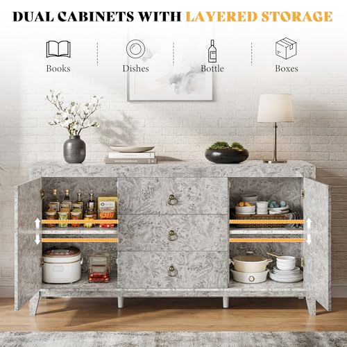 Image of AMERLIFE 60 inch High Gloss Burl Buffet Sideboard Storage Cabinet with Drawers