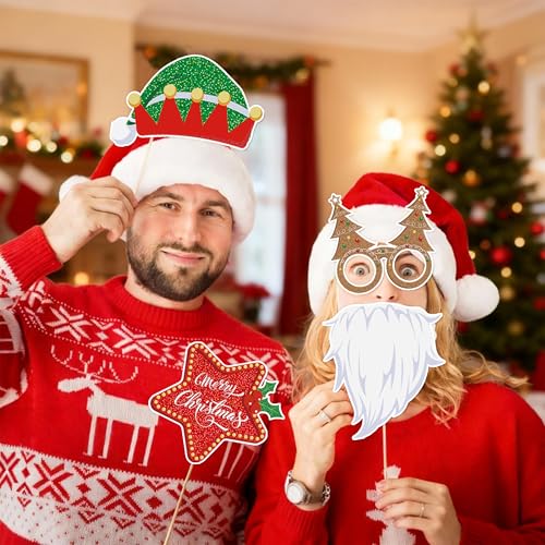 Image of fiintrwa Christmas Headband Beads Necklace Hair Hoop Eyewear Eyeglass Santa Hat Photo Props for Xmas Party Decoration Supplie