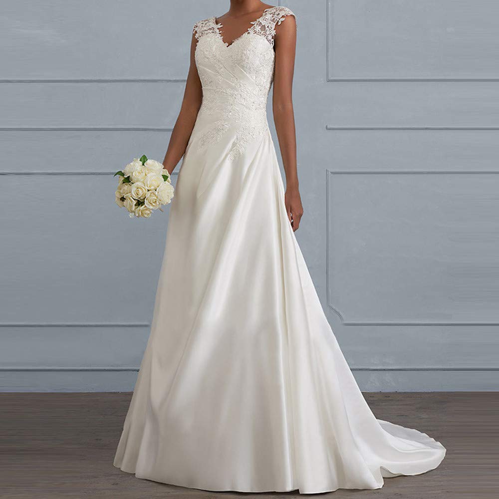 Abito da Sposa Donna Elegante Senza Maniche Scollo a V Nuziale con Spacco Pizzo Lungo per Matrimonio/Fidanzamento/Sera/Foto (White, M)