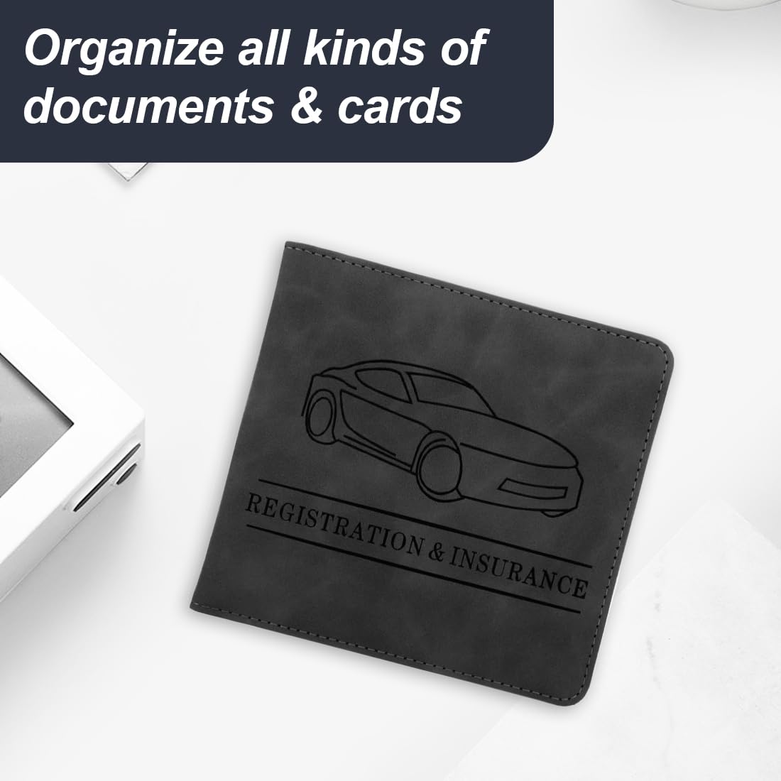 Porta Documentos para Coche – 1 unidad, Funda Compacta de cuero sintético para Registro del Vehículo, Ideal como Porta Documentos de Coche (Negro)