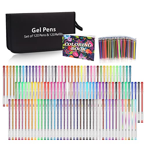 Gunsamg 240 Gel Pens For Adults Coloring Book,120 Coloring Markers Colored Gel Pen Set With 120 Glitter Refills & 1 Coloring Book For Kids Drawing,Crafting, Coloring #TOP5