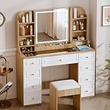 Vanity Desk & Power Outl,Makeup Vanity with mirror and lights,Makeup Table with 9 Drawers& 8 Storage Shelves,Vanity Table with Chair,Glass Top for Bedroom,Vanity Set with Lighted Mirror,Oak+White