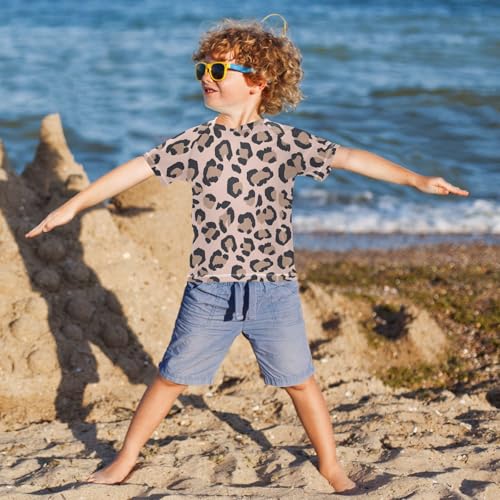 ALAZA Kids Rash Guard Girls Boys Toddler Swim Shirts Short Sleeve Brown Leopard Print UPF 50+ 3T4