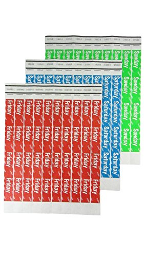 Heavier Tyvek Wristbands 7.5 Mil – Goldistock Weekend Variety Pack 1,500 Count - ¾” Arm Bands- 500 Ea: Friday (Red), Saturday (Blue), Sunday (Green) - Paper-Like Party Armbands- Wrist Bands For Events #TOP3