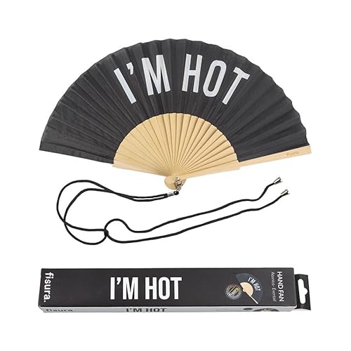 Fisura Originele waaier met opschrift "I'm hot", moderne houten waaiers, grappig, zwart, 42,5 x 23 cm