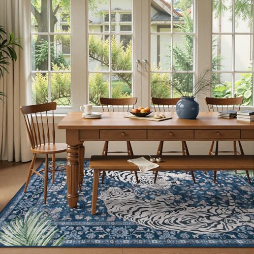 Moynesa Tiger Washable Area Rugs for Living Room, 5x7 Vintage Soft Rug for Bedroom, Non Slip Boho Botanical Ultra Thin Large Stain Resistant Throw Rug for Dining Guest Room, Blue