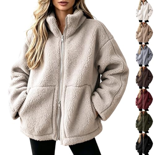 GOSEAGOTOFUN Fleece Jacket Women Stand Collar Zip Up Jacket Casual Long Sleeve Warm Fleece Coat Fall Winter Thick Outerwear 01-Beige Small - image 1