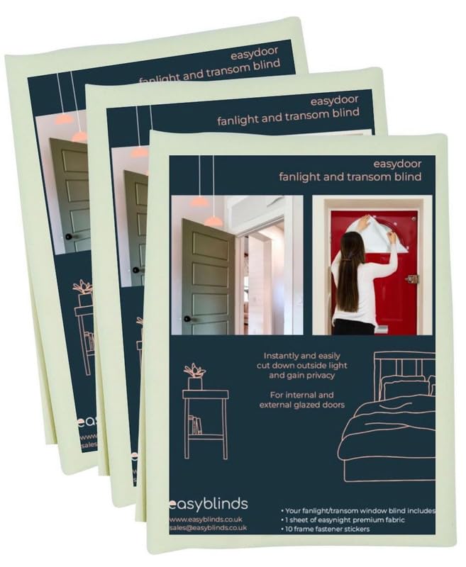 Easyblinds Easydoor blind for Transom and Fanlight windows, PACK OF 3, quick fix instant blind, self-adhesive attachments, cut to size and shape as required, Cream, 90x45cm