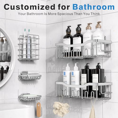 Image of EUDELE 5-Pack Rustproof Stainless Steel Shower Caddy - No Drill Adhesive Bathroom Organizer with Large Capacity, Spacious Shower Shelves for Inside Shower, Kitchen & Home Decor Storage-XL Size