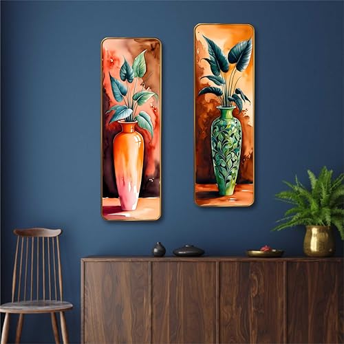 Image of Livin'luxe Vase Plant Set of 2 Vertical MDF Wall Panels | Premium Sparkle Lamination Finish | Modern Artistic Pot & Leaf Design Wall Decor for Living Room & Bedroom 20 Inch x 30 Inch