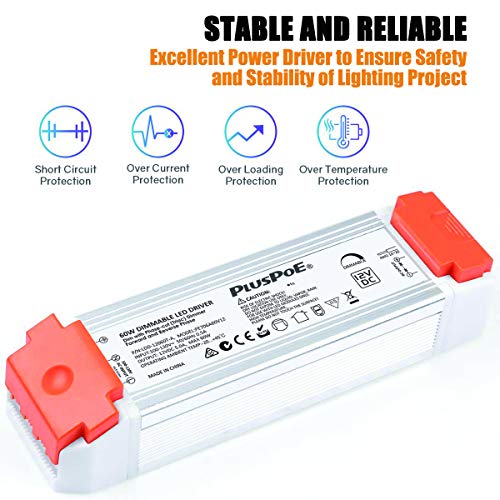 PLUSPOE 60W 12V Dimmable LED Driver Transformer, Magnetic Power Supply 120V AC to 12 Volt DC 5A LED Dimming Driver, Compatible with Lutron Leviton Standard Wall AC Dimmers for LED Strip Lights