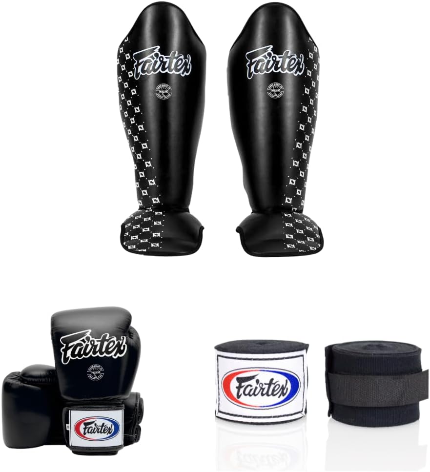 Fairtex Black Large Shin Guards + BGV1 16 oz Black Muay Thai Handwraps 180 inch