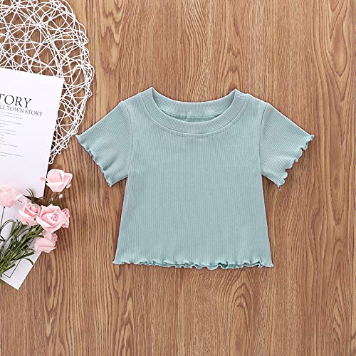 Image of Toddler Girl Clothes Summer Outfit Short Sleeve Shorts Set 12M-5T | Soft ribbed knit toddler girl outfit with breathable fabric, ruffle top, comfy shorts and stretchy fit for summer daily wear.
