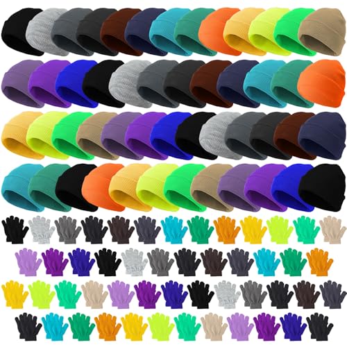 Toulite 100 Pcs Kids Winter Hats and Gloves Sets Bulk Beanie Gloves for Children School Donation Wholesale (Neon Green More)