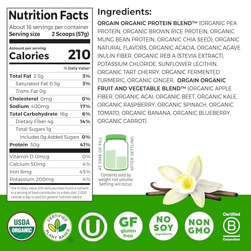 Orgain Organic 30g Vegan Plant Protein Powder, Vanilla, 9g EAAs + BCAAs, High Plant Protein, 4g Prebiotic + Fiber, 1g Sugar, Pre-Workout, Muscle Support + Recovery - 2.01lb (Packaging May Vary) - Thumbnail 2
