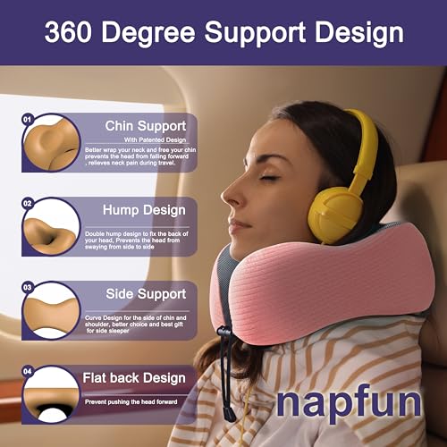 Image of napfun Neck Pillow for Traveling, Upgraded Travel Neck Pillow for Airplane 100% Pure Memory Foam Travel Pillow for Flight Headrest Sleep, Portable Plane Accessories, Pink