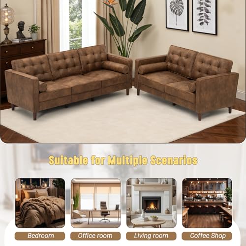 Image of 2 Pieces Suede Leather Sofa Set with Bolster Pillows, Brown | Tufted 3-seat Sofa and Loveseat Couch with Wooden Legs, Upholstered Living Room Set for Living Room, Office