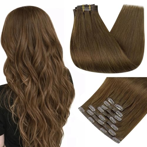 Image of Full Shine Seamless Clip in Hair Extensions Human Hair, Brown 14 Inch 120g | Invisible PU Weft, Medium Brown Clip-Ins, Lightweight, Secure Hold Clips, Invisible Blend, Heat-Styling Friendly, 8 Pcs