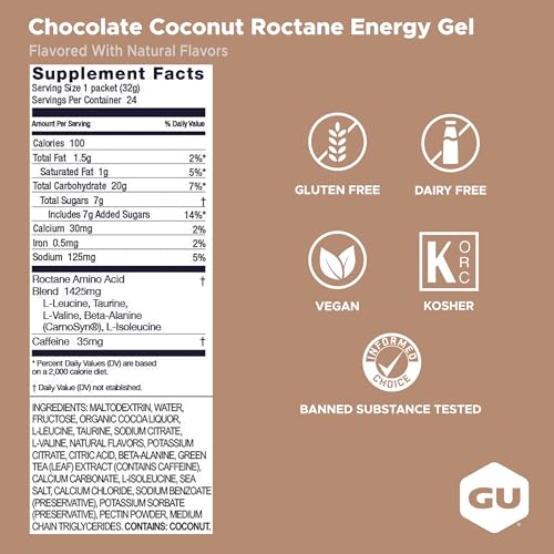 Image of GU Energy Roctane Ultra Endurance Energy Gel, Vegan, Gluten-Free, Kosher, and Dairy-Free On-The-Go Sports Nutrition for Running, Biking, Hiking or Skiing, Chocolate Coconut,24-Count