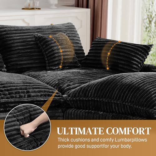 Image of 145 inch Oversized U Shaped Modular Sectional Sofa with Ottoman, Comfy Fluffy Soft Corduroy, Large Cloud Couch with USB Port, Cup Holder and Storage Central Console for Living Room, Black