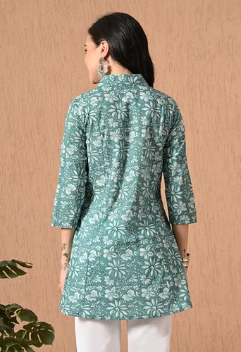 Image of Amazon Brand - Tavasya Women Ethnic Printed V-Neck Cotton Short A-line Kurta | Stylish Casual Everyday Office Top | 3 /4th Sleeve | Regular Fit